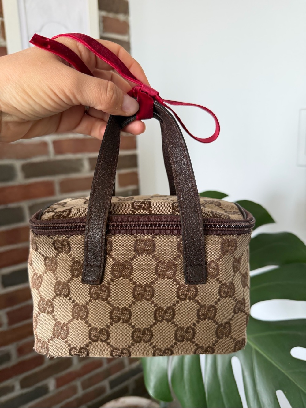 Vintage Gucci Beige & Brown Monogram Cosmetic Case with Dark Brown Handles